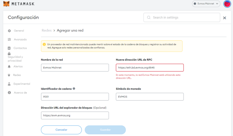 Configurar EVMOS Metamask