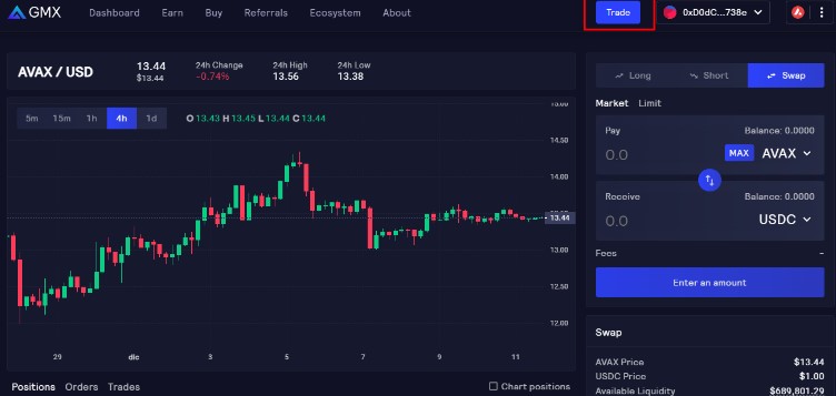 Menu de Trade GMX