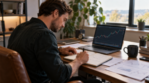 Diario de trading de un trader que registra y analiza sus operaciones para mejorar su estrategia y gestión del riesgo.