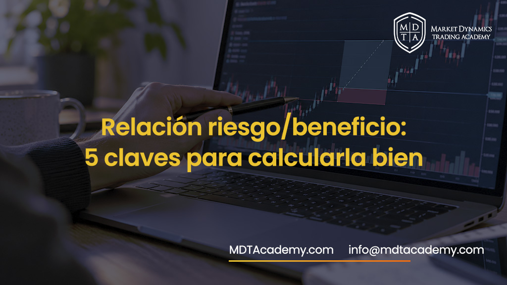 Relación riesgo/beneficio en trading representada mediante un gráfico con niveles de beneficio potencial y pérdida máxima.